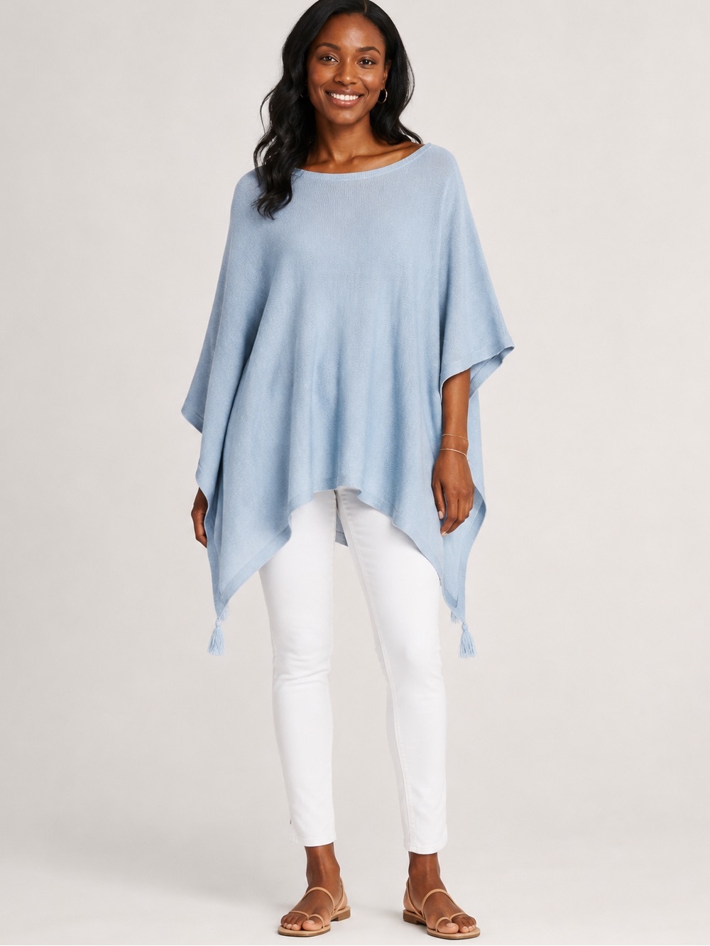 J.Jill Linen Blend Tassel Poncho Skyline Blue One Size Boho Lightweight Top